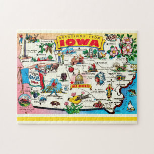 Illustrated Iowa Map Postcard Jigsaw Puzzle