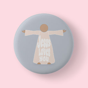 Illustrated Jesus Loves You Outstretched Arms Button