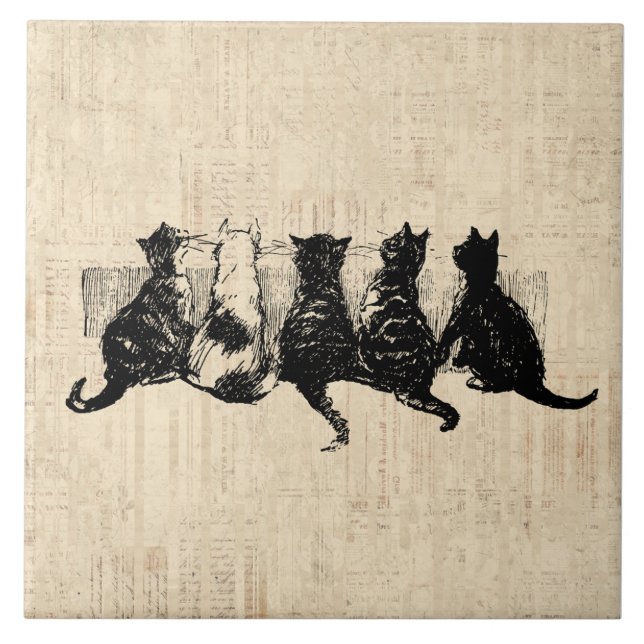 Illustrated Kittens with Tan Script Background Ceramic Tile (Front)