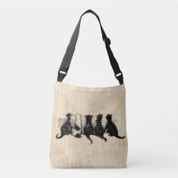 Illustrated Kittens with Tan Script Background Crossbody Bag