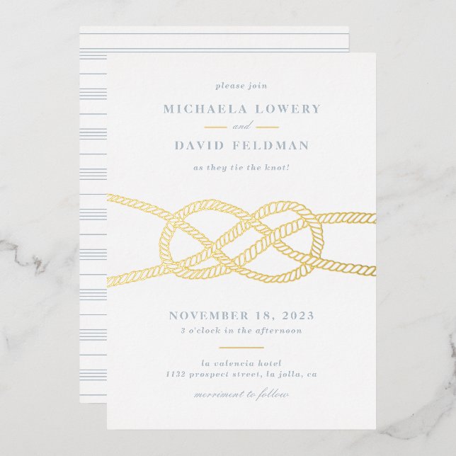 Illustrated Knot Wedding Invitation - Blue Foil Invitation (Front/Back)