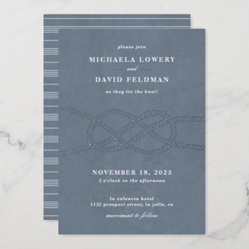 Illustrated Knot Wedding Invitation _ Blue Gray Foil Invitation