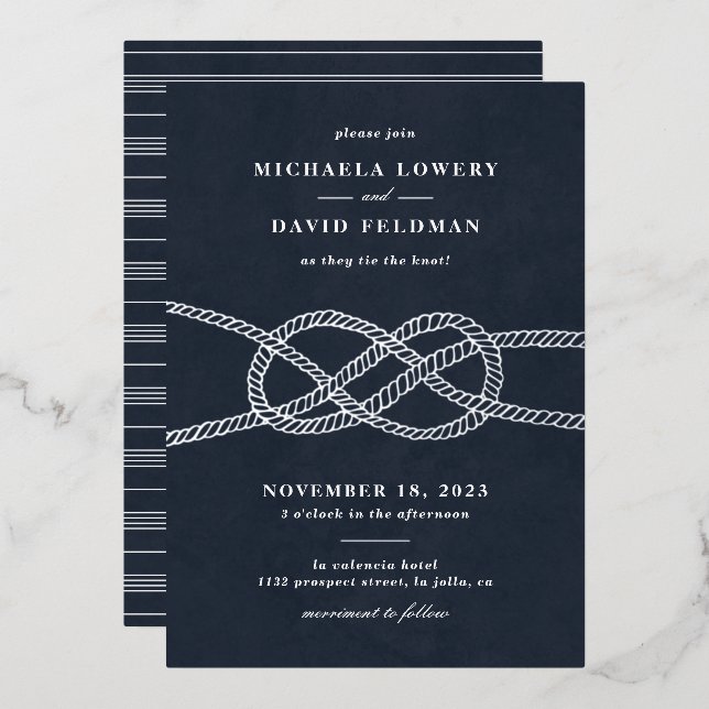 Illustrated Knot Wedding Invitation - Navy Foil Invitation (Front/Back)