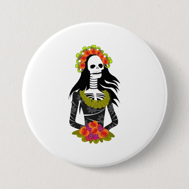 Illustrated La Catarina for Day of the Dead Button (Front)