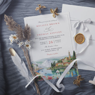 Illustrated Lake Como Italy Modern Elegant Wedding Invitation