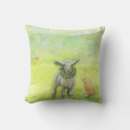 Illustrated Lamb with Chick Springy Throw Pillow