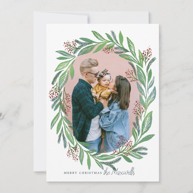 Illustrated Leaf Christmas Wreath Photo Frame Invitation (Front)