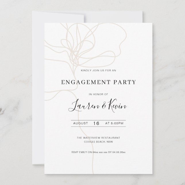 Illustrated line art flower engagement party invitation (Front)