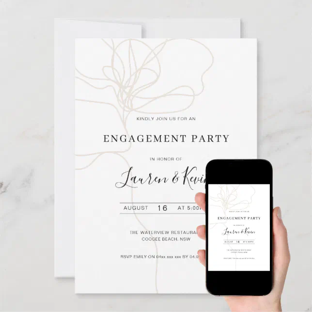Illustrated line art flower engagement party invitation | Zazzle