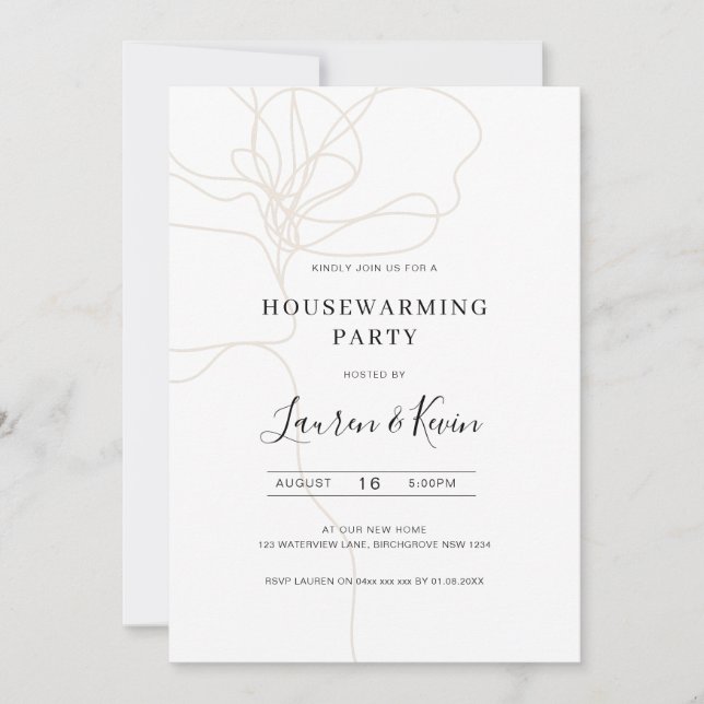 Illustrated line art flower housewarming party invitation (Front)