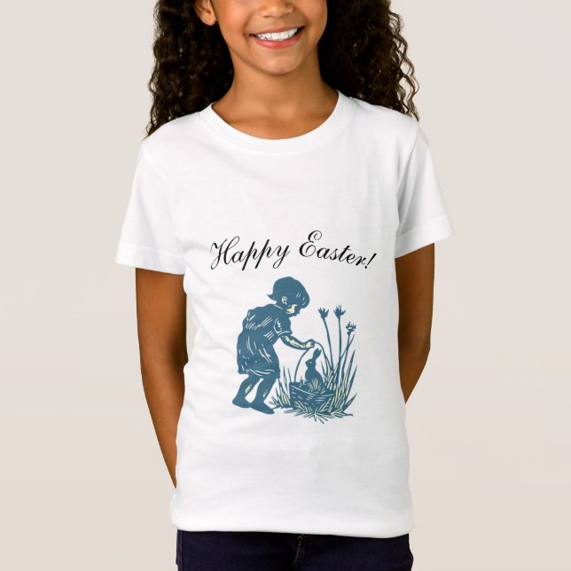 Illustrated Little child & bunny Happy Easter T-Shirt (Front)