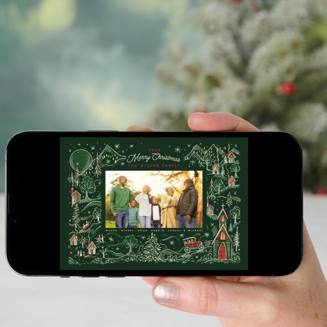 Illustrated Little Town Winter Scene Green Photo Holiday Card (Front Digital)