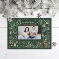Illustrated Little Town Winter Scene Green Photo Holiday Card