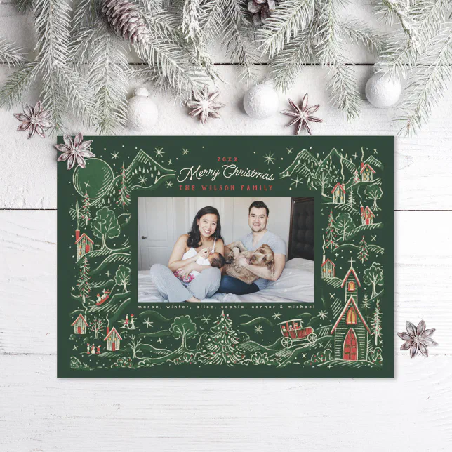 A green winter scene illustrated holiday card with some snowy fir tree leaves, pine cones, and ornaments in the background.