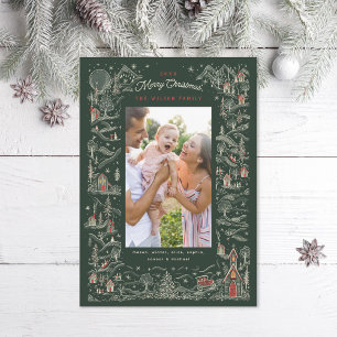 Illustrated Little Town Winter Scene Portrait Phot Holiday Card
