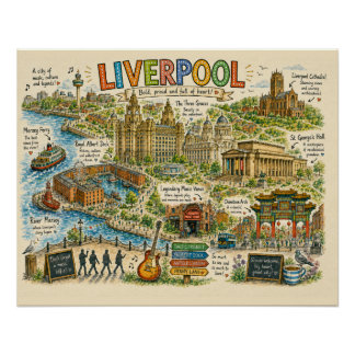 Illustrated Liverpool Landmarks and Music Map Poster