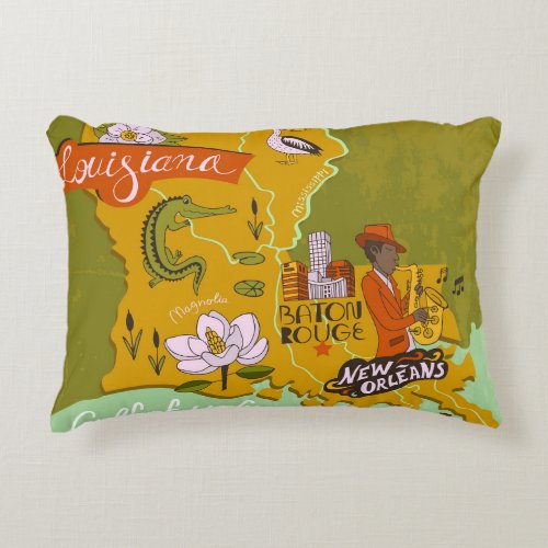 Illustrated Louisiana map travel highlights Accent Pillow