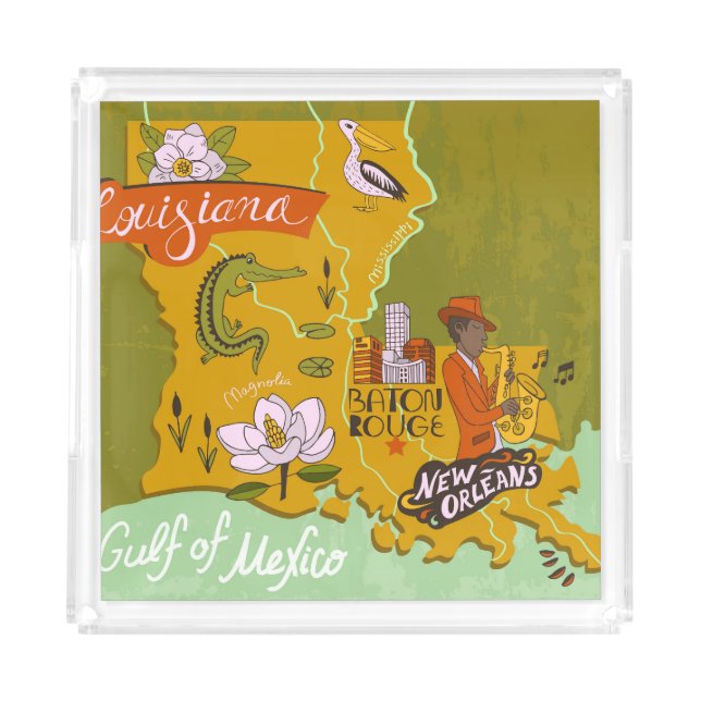 Illustrated Louisiana map: travel highlights. Acrylic Tray (Front)