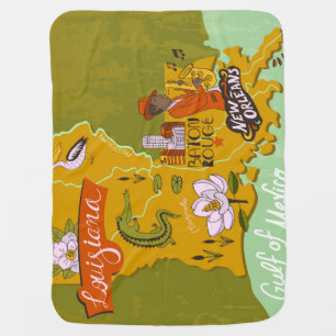 Illustrated Louisiana map: travel highlights. Baby Blanket