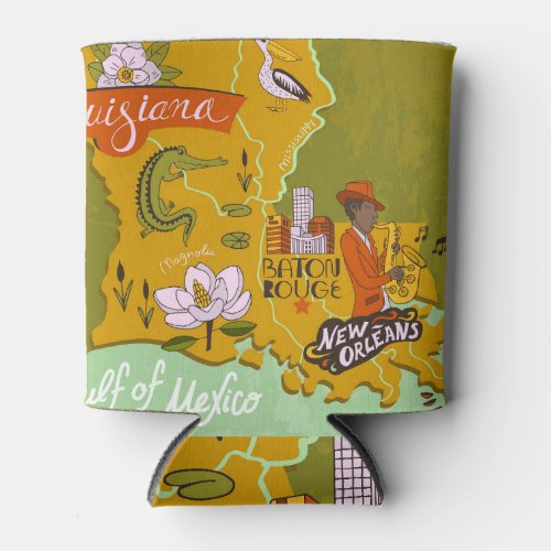 Illustrated Louisiana map travel highlights Can Cooler