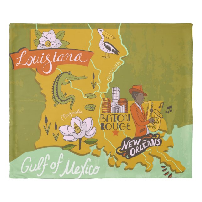 Illustrated Louisiana map: travel highlights. Duvet Cover (Front)
