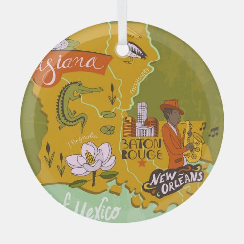 Illustrated Louisiana map travel highlights Glass Ornament