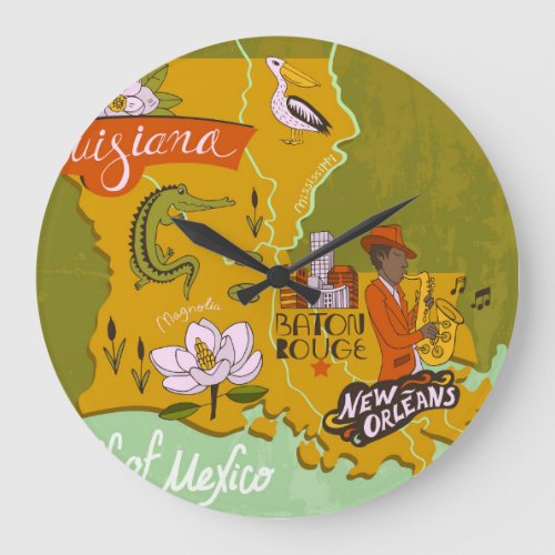 Illustrated Louisiana map travel highlights Large Clock