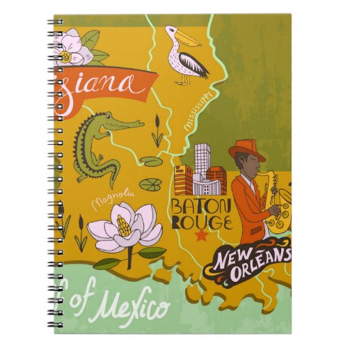Illustrated Louisiana map travel highlights Notebook