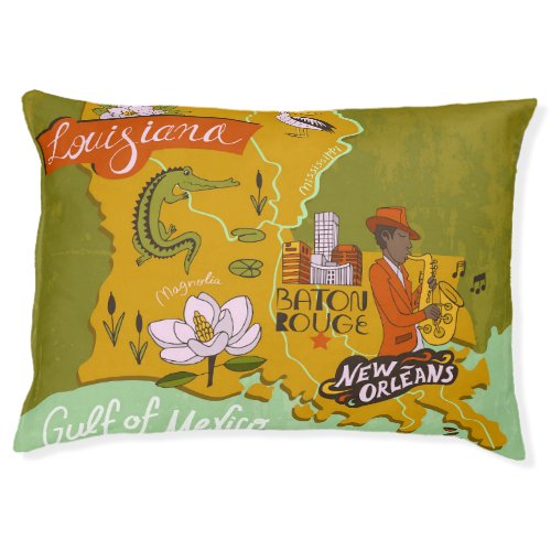 Illustrated Louisiana map travel highlights Pet Bed
