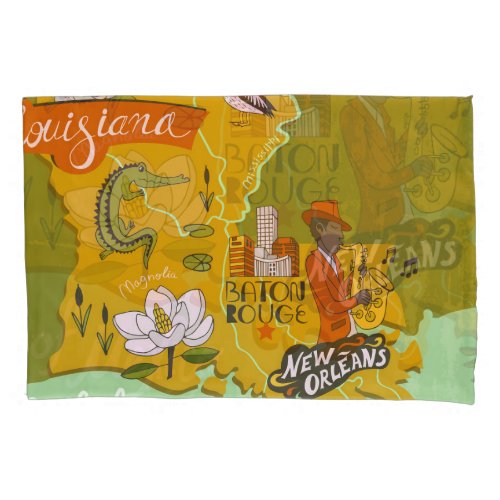 Illustrated Louisiana map travel highlights Pillow Case