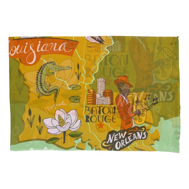 Illustrated Louisiana map: travel highlights. Pillow Case (Front)