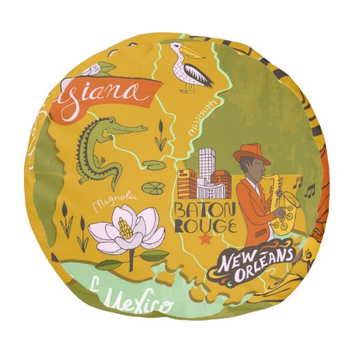 Illustrated Louisiana map travel highlights Pouf
