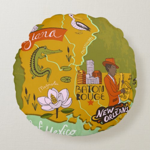 Illustrated Louisiana map travel highlights Round Pillow