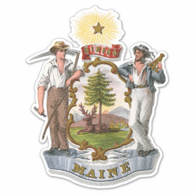 Illustrated Maine Coat of Arms Sticker (Front)
