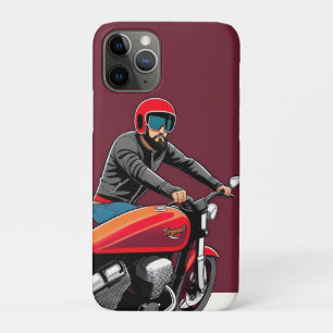 Illustrated Man Riding Retro Red Motorcycle iPhone 11 Pro Case