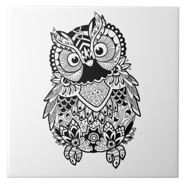 Illustrated Mandala Owl Ceramic Tile (Front)