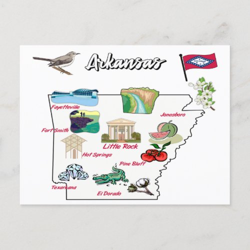 illustrated Map of Arkansas in USA Postcard