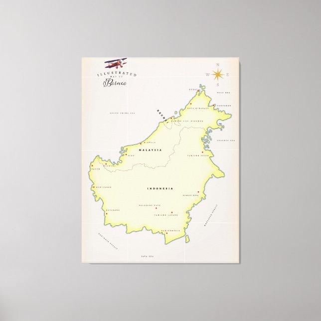 Illustrated map of Borneo Canvas Print (Front)
