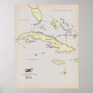 Illustrated map of Cuba Poster