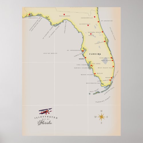 Illustrated map of Florida Poster
