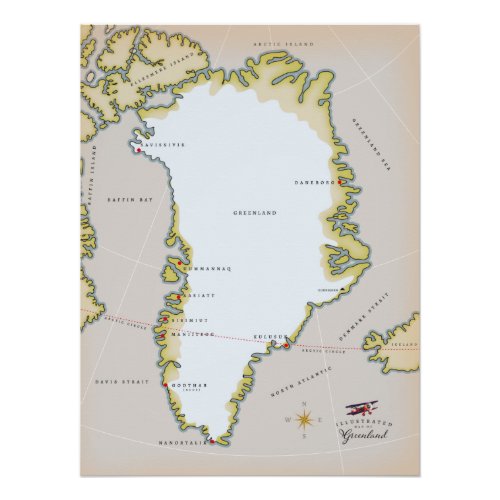 Illustrated map of Greenland Poster