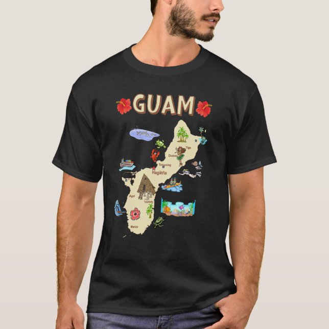 Illustrated Map Of Guam With The Major Cities And  T-Shirt (Front)