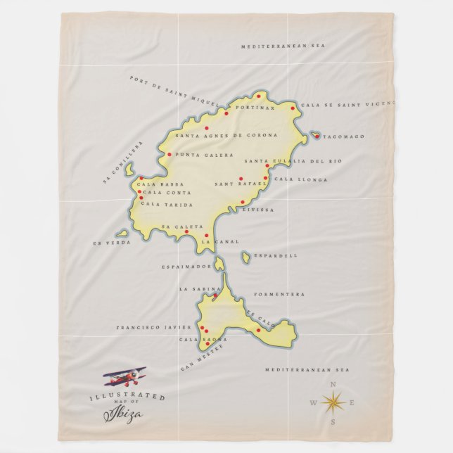 Illustrated map of Ibiza Fleece Blanket (Front)