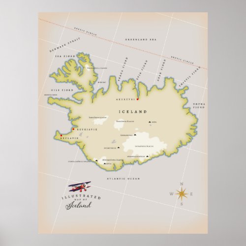 Illustrated map of Iceland Poster