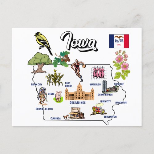 illustrated Map of Iowa in US Postcard