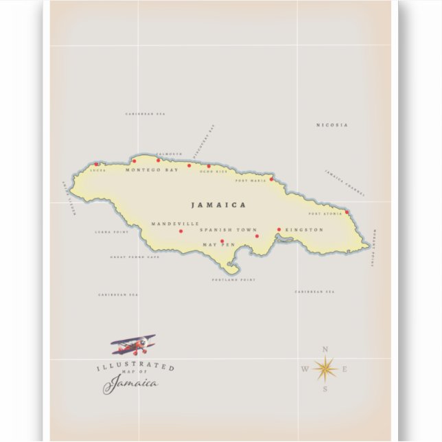 Illustrated map of Jamaica. Sticker (Front)