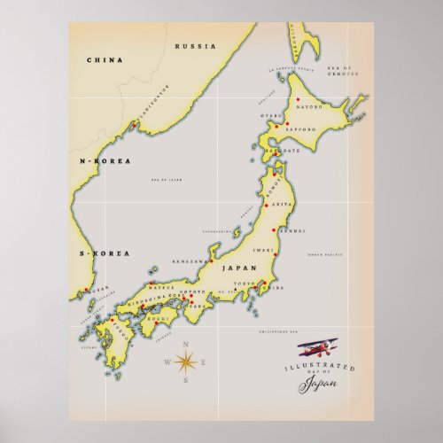 Illustrated map of Japan Poster