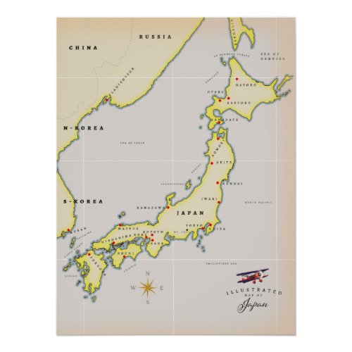 Illustrated map of Japan Poster