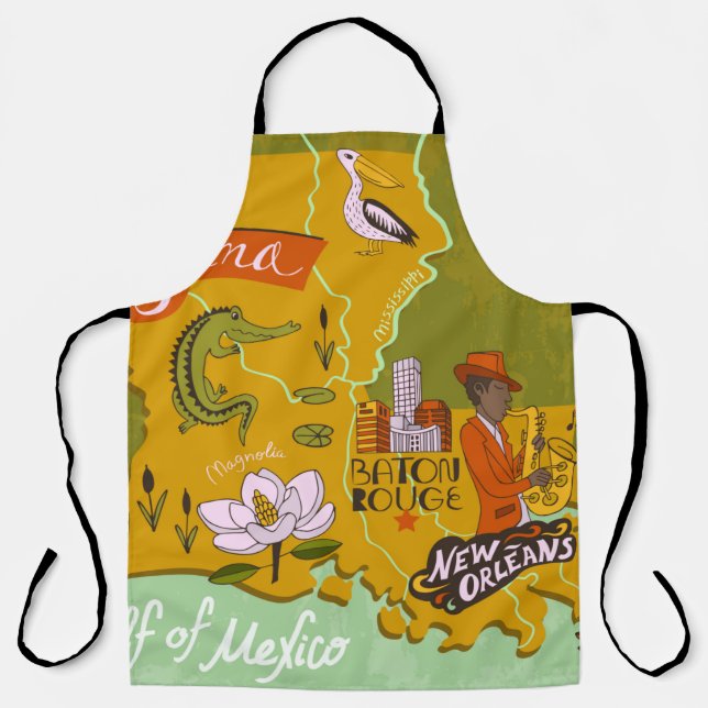 Illustrated map of Louisiana, USA. Travel and attr Apron (Front)