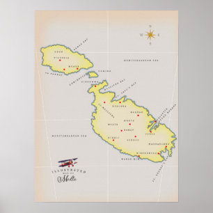 Illustrated map of Malta Poster